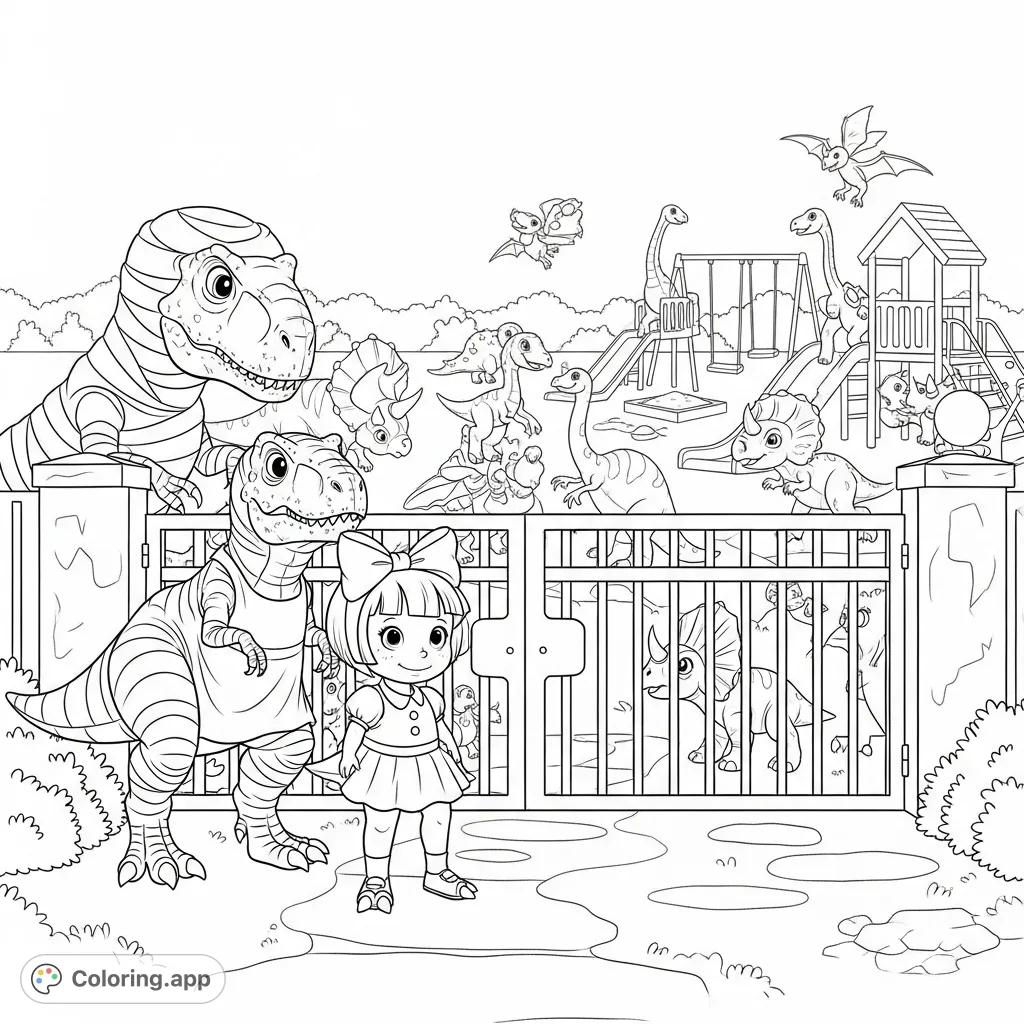 Join a young T-Rex on her exciting first day of school, complete with her mummy and a playground full of friendly dinosaurs. A delightful scene for all ages.