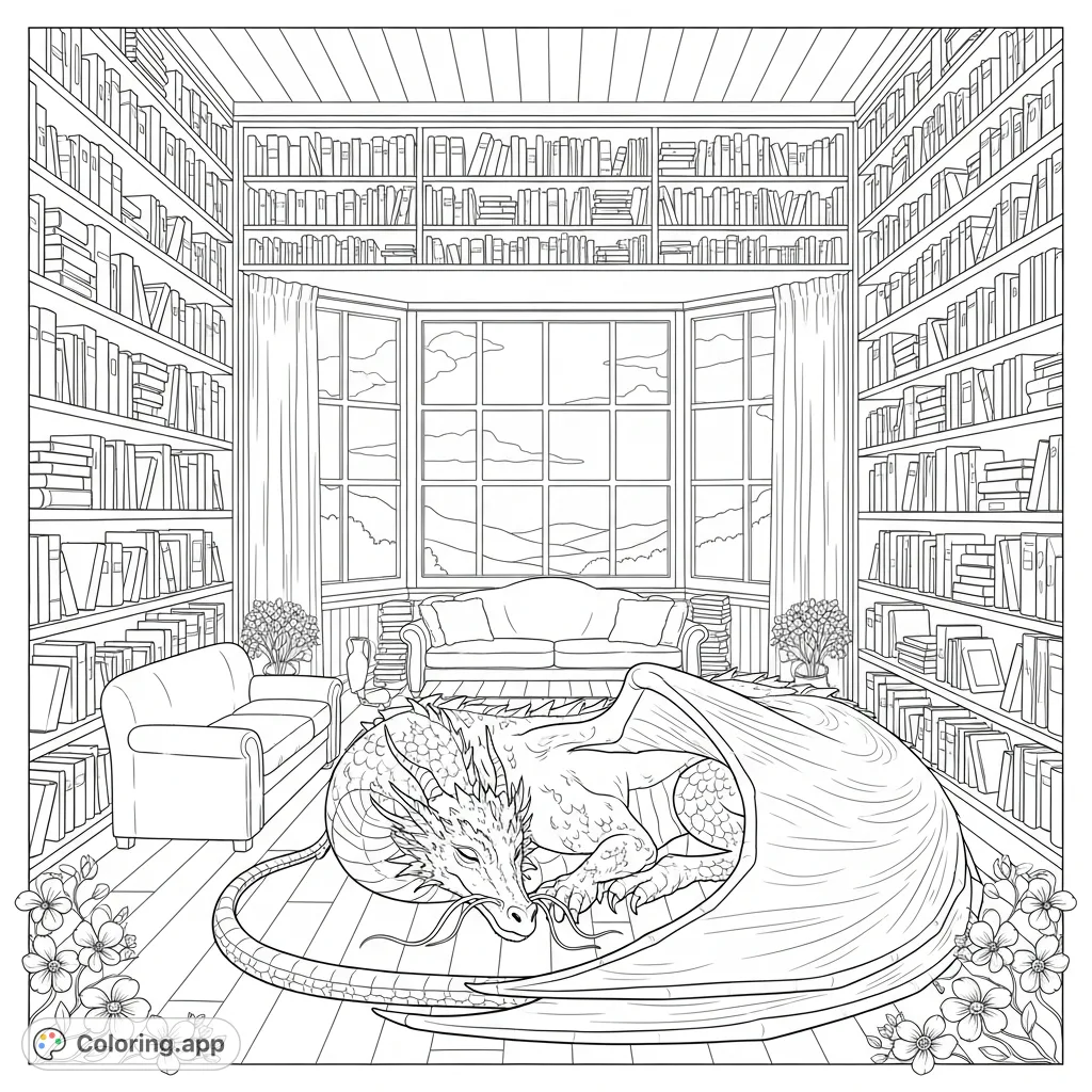 A majestic, wise dragon rests in a grand library room with a panoramic window and endless bookshelves. A detailed fantasy coloring page for all ages.