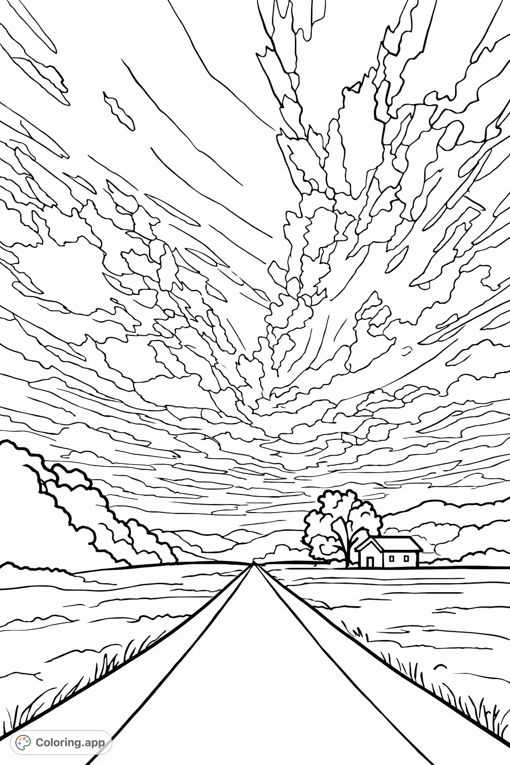 Explore a peaceful rural landscape coloring page featuring a winding road, a quaint house, and dramatic sky formations. Perfect for a relaxing creative escape.