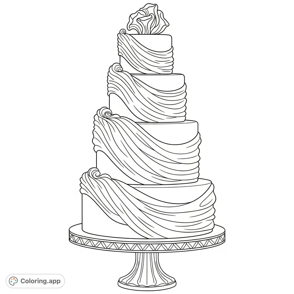 Indulge in the beauty of an elegant ruffle cake coloring page. This intricate dessert features cascading ruffles on multiple tiers, perfect for detailed coloring.