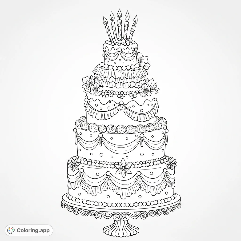 A delightful multi-tiered frilly cake adorned with intricate frosting, candles, and charming decorations, perfect for a festive celebration and creative coloring fun.