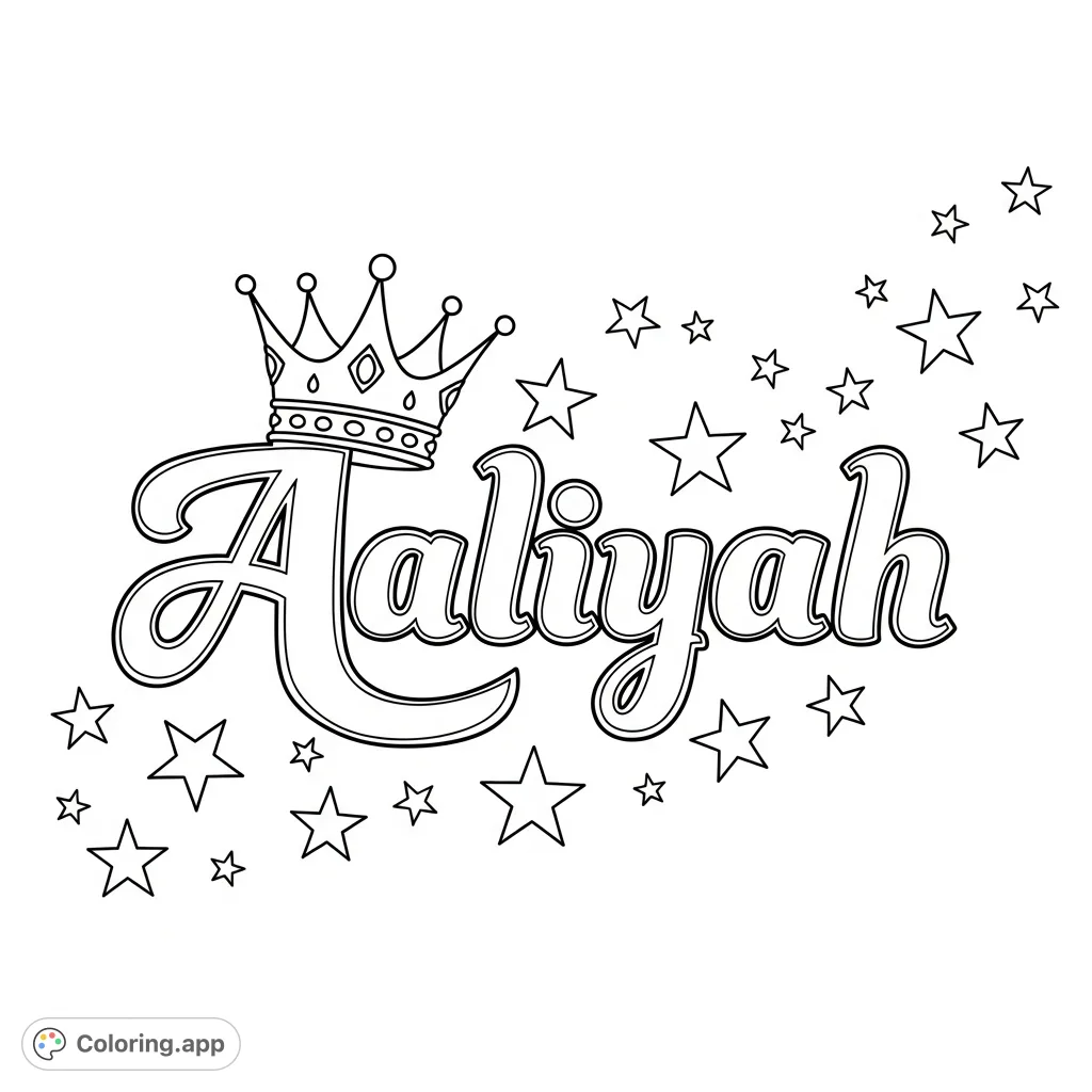 An elegant Aaliyah coloring page featuring her name in script, adorned with a regal crown and scattered stars, perfect for a princess glam touch.