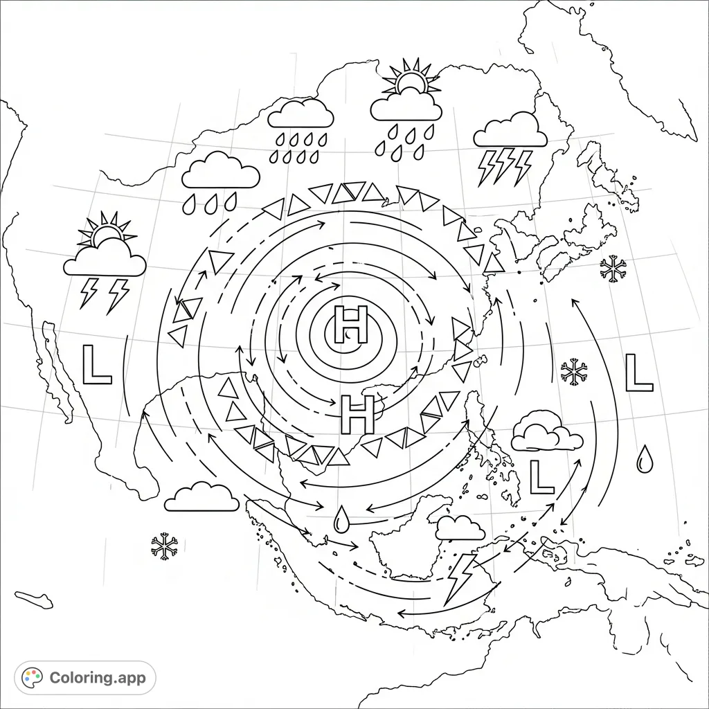 Explore a detailed weather map with cold, warm, occluded, and stationary fronts, high/low pressure systems, and weather symbols for educational coloring fun.