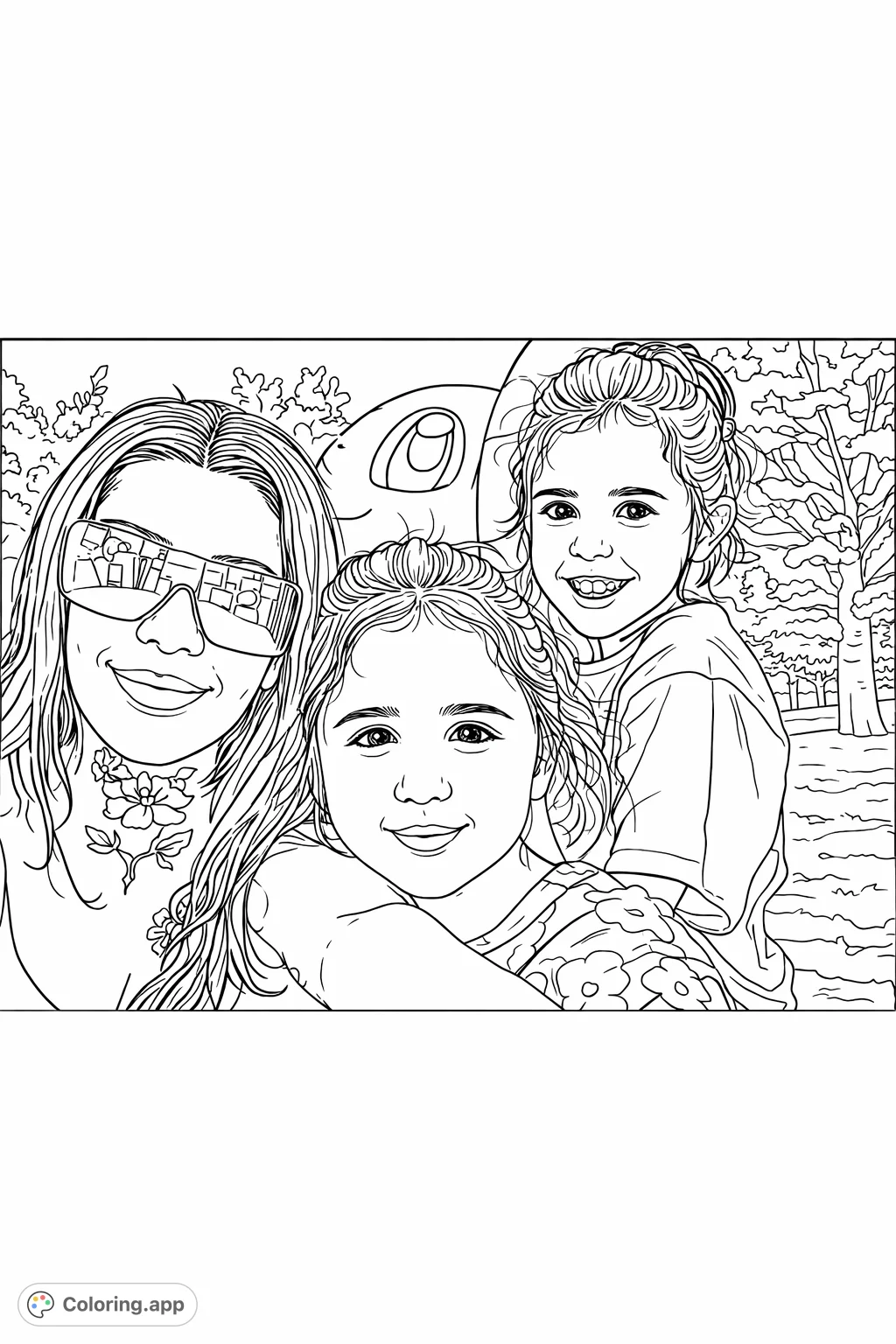 A heartwarming group portrait featuring an adult and two children outdoors, accompanied by a friendly character. Perfect for capturing joyous family moments.