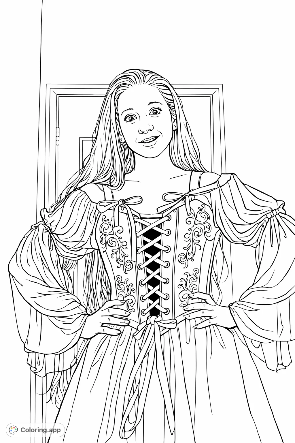 Capture the elegance of a historically inspired costume featuring a laced bodice, flowing skirt, and puffy sleeves. A charming figure ready for your creative touch.