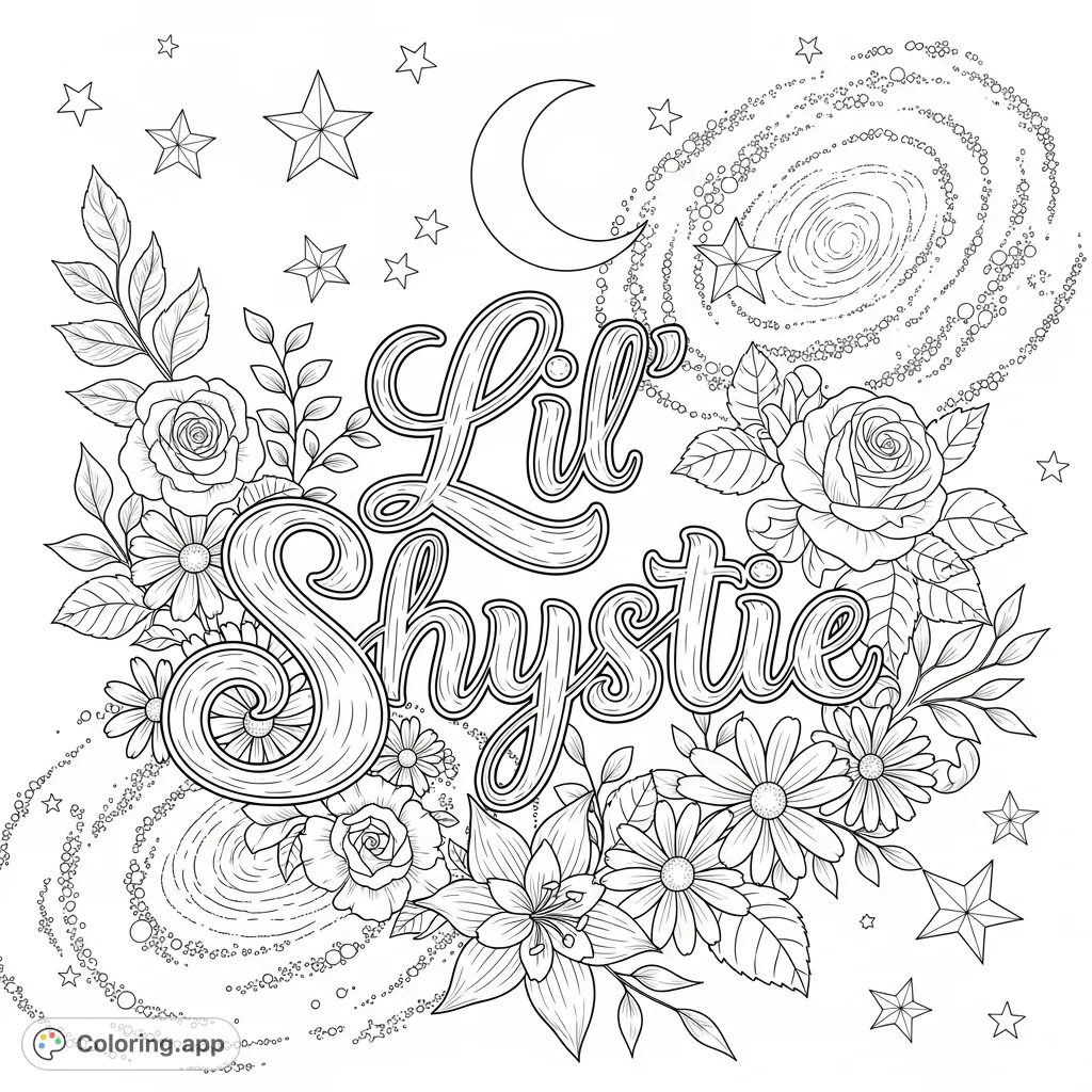 An elegant "Lil' Shystie" cursive script surrounded by blooming flowers, celestial moon and stars, all set against a swirling galaxy background.