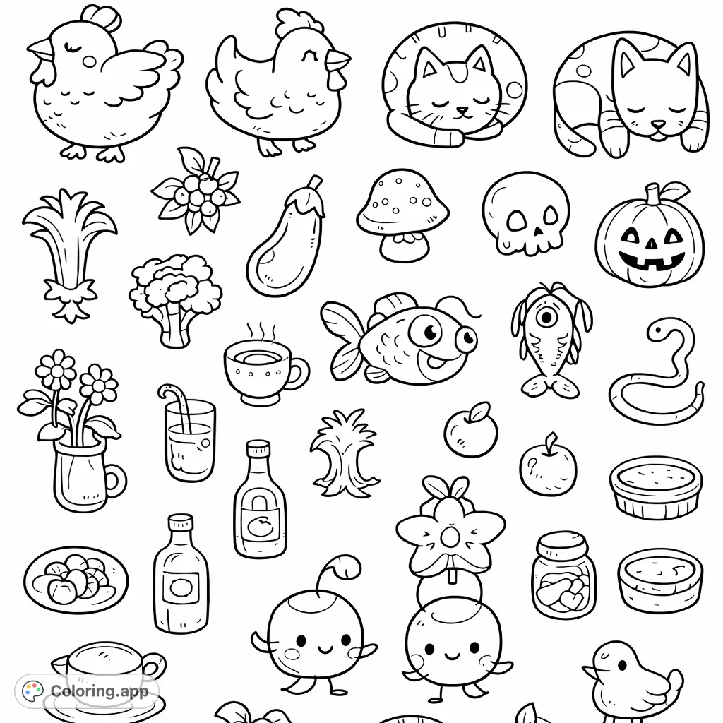A delightful collection of cute cartoon items including animals, plants, and everyday objects, perfect for a fun and varied coloring experience.
