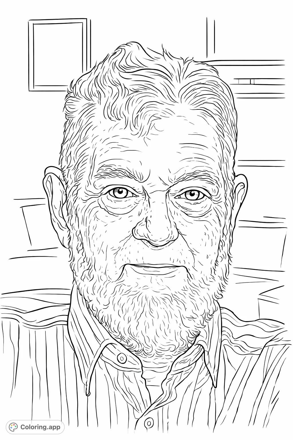 Color this striking portrait of a distinguished elderly man with a full beard and striped shirt. A realistic and detailed human portrait for mindful coloring.