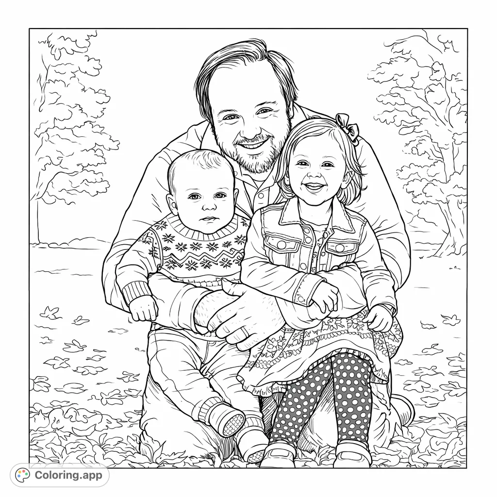 A heartwarming family portrait with a father embracing his two young children amidst a scattering of leaves. Perfect for a cozy autumn coloring activity.
