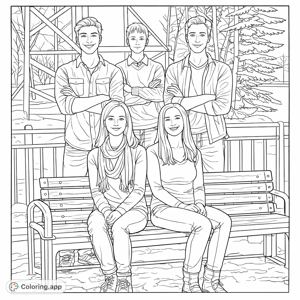 Capture a heartwarming family portrait featuring five individuals in a snowy outdoor scene with an intricate bridge backdrop. Perfect for all ages!