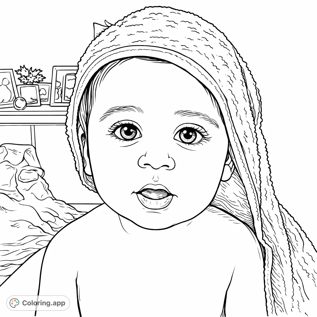 An adorable baby peeks out from a soft hooded towel. This charming coloring page is perfect for capturing innocence and warmth. Ideal for young families.