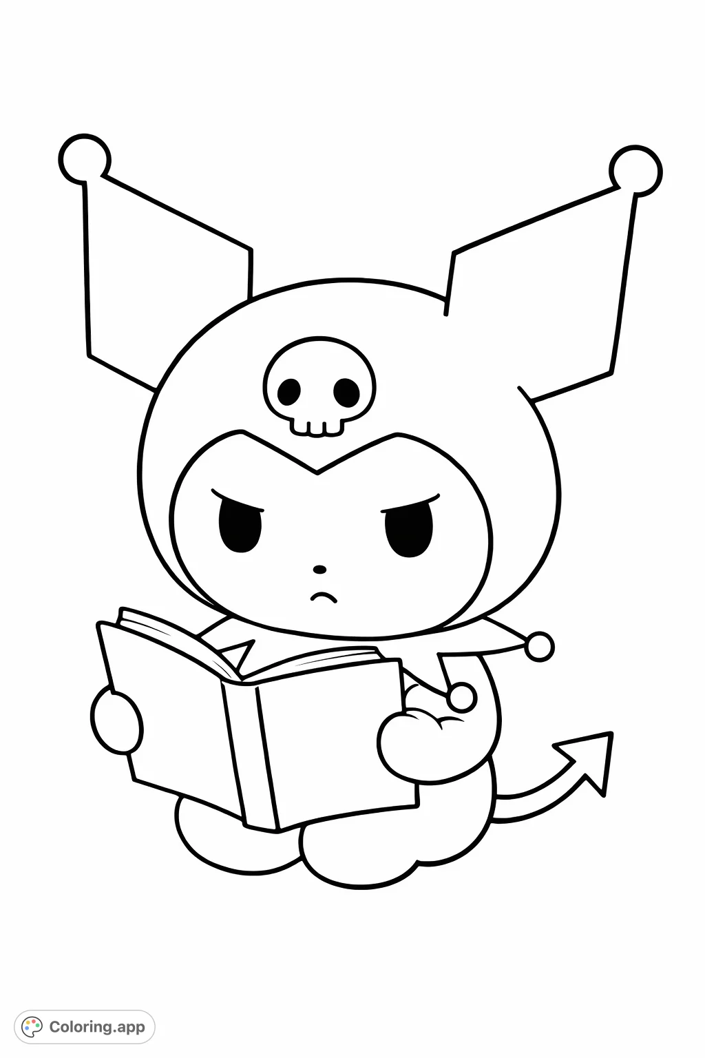 Dive into Kuromi's world with this adorable coloring page! Featuring the mischievous character intently reading a book, perfect for fans of all ages.
