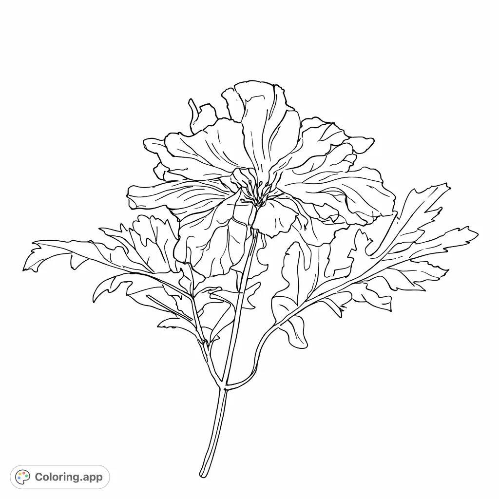 A detailed coloring page featuring a single flower viewed from below, highlighting its ruffled petals, broad leaves, and slender stem.