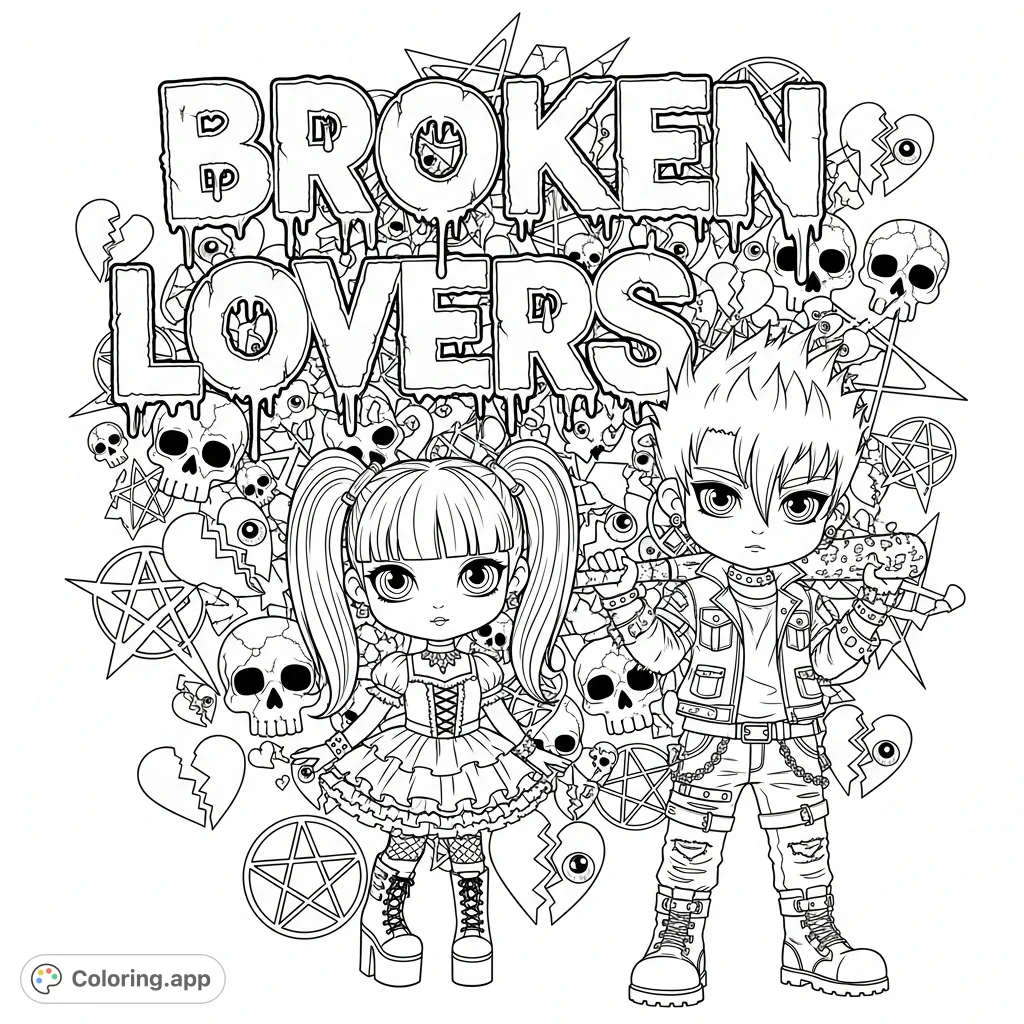 An edgy gothic chibi coloring page featuring 'Broken Lovers' in graffiti, surrounded by skulls, broken hearts, and inverted pentagrams, with two chibi characters.