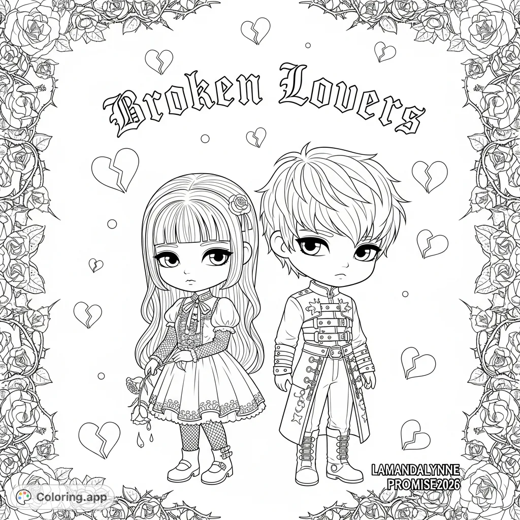 Explore a gothic scene featuring a chibi couple, "Broken Lovers" text, scattered broken hearts, inverted pentagrams, and a thorny rose border.