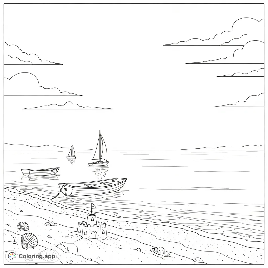 A serene beach day scene featuring small boats on calm waters, a sandy shore, and distant horizons, perfect for a relaxing coloring experience.