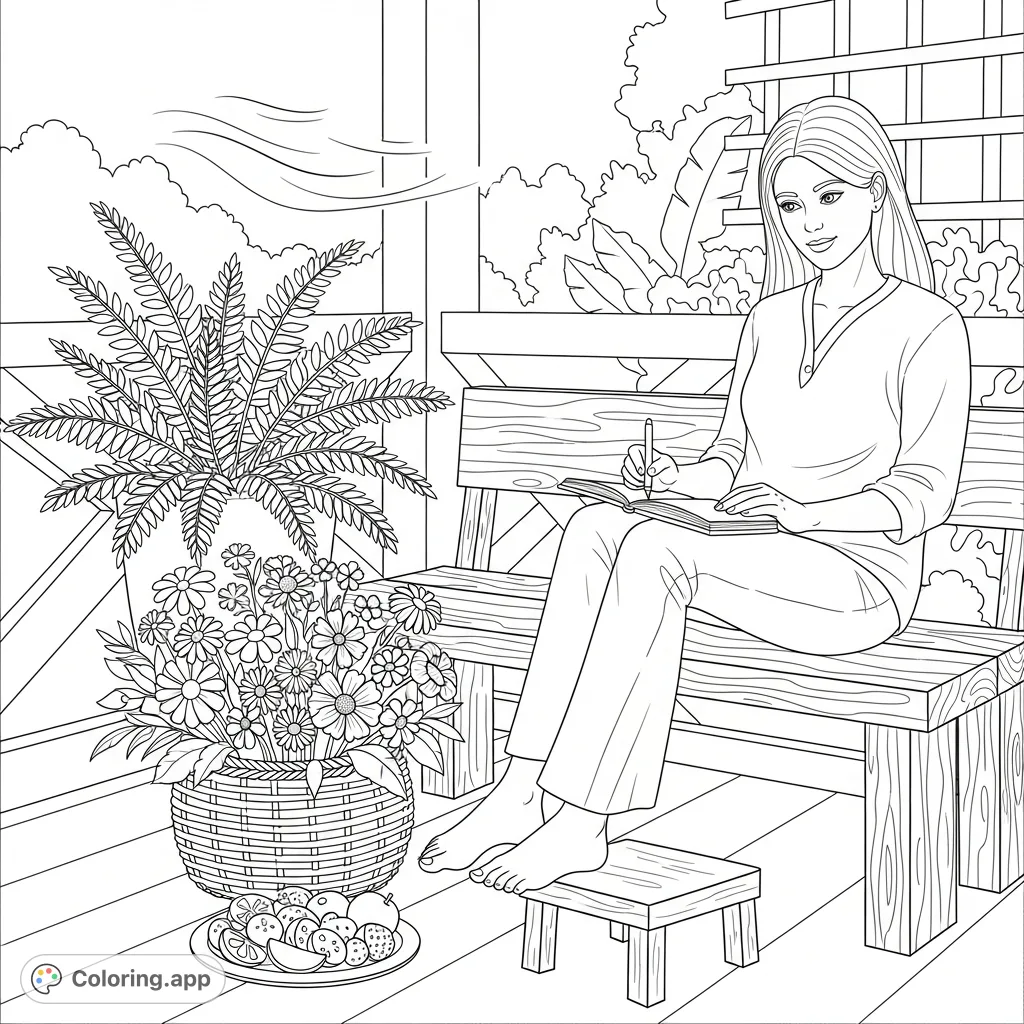 Discover a tranquil scene: a woman sketching on a rustic porch, surrounded by wildflowers, fruit, and a potted fern. Perfect for a calming coloring escape.