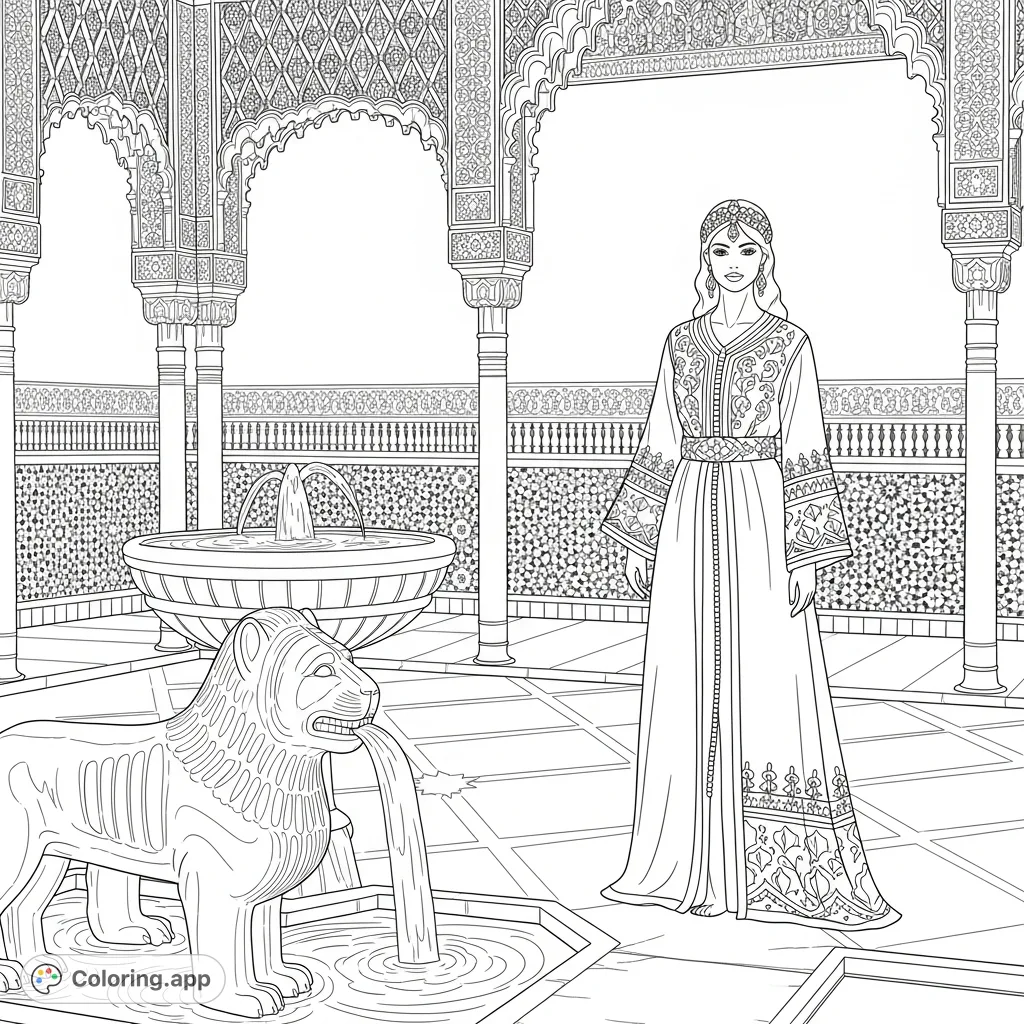 Discover a beautiful Moroccan caftan bride in an opulent alcazar with a majestic lion fountain. Perfect for detail-oriented colorists!