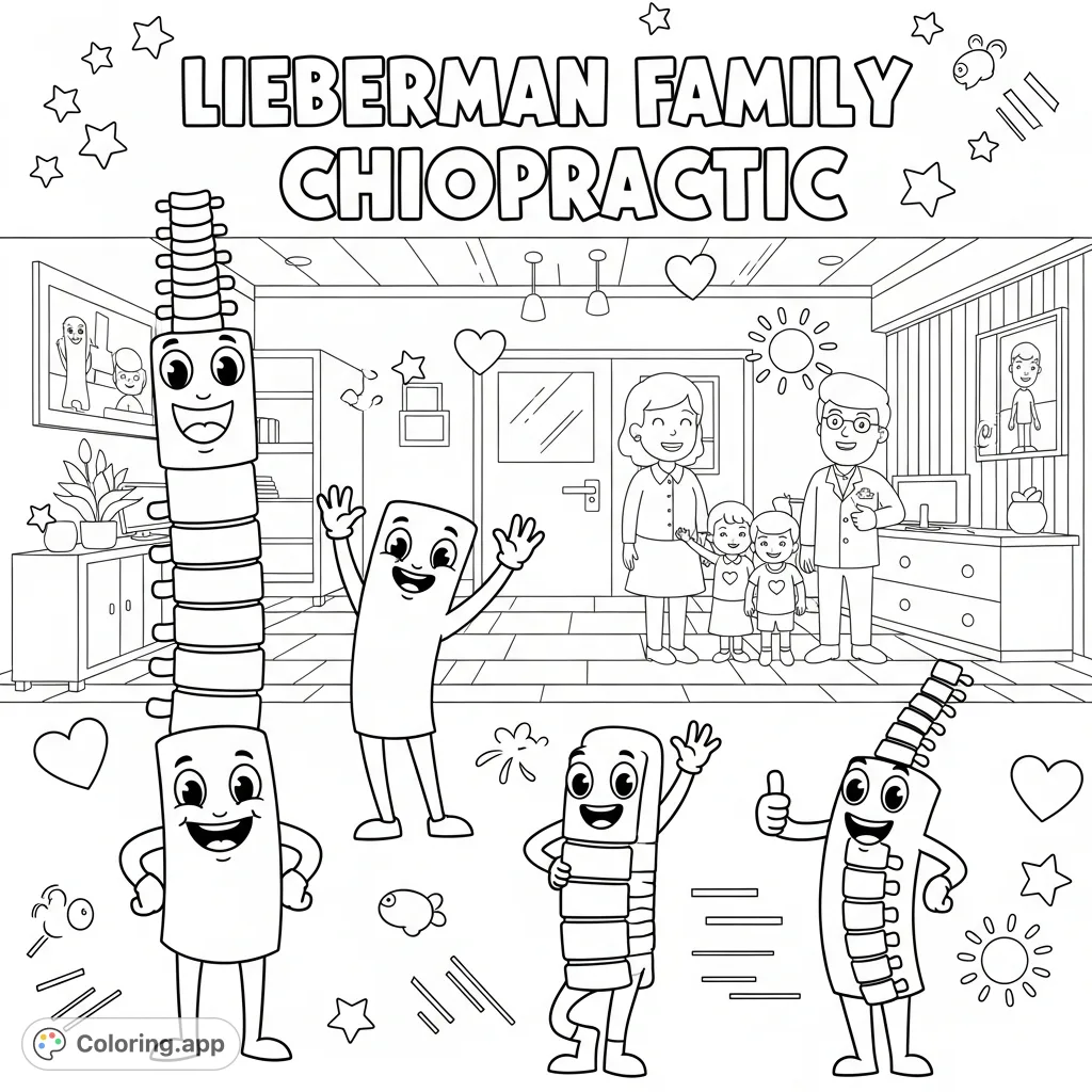 A cheerful chiropractic office scene featuring smiling cartoon spine characters, a friendly chiropractor, and a happy family, with 'Lieberman Family Chiropractic' prominently displayed.