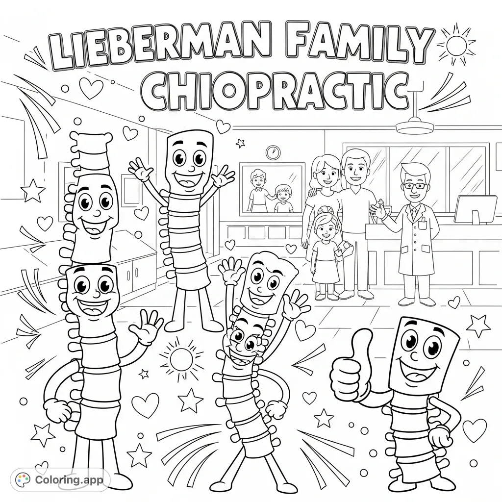 A cheerful chiropractic scene with smiling cartoon spine characters, a friendly chiropractor, and a happy family in a welcoming office. Encourages health awareness.