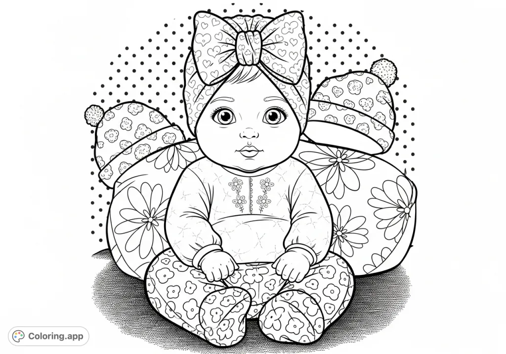 An adorable baby with a large bow headwrap and detailed patterned clothing, set against a backdrop of stylized floral patterns, ready for creative coloring.