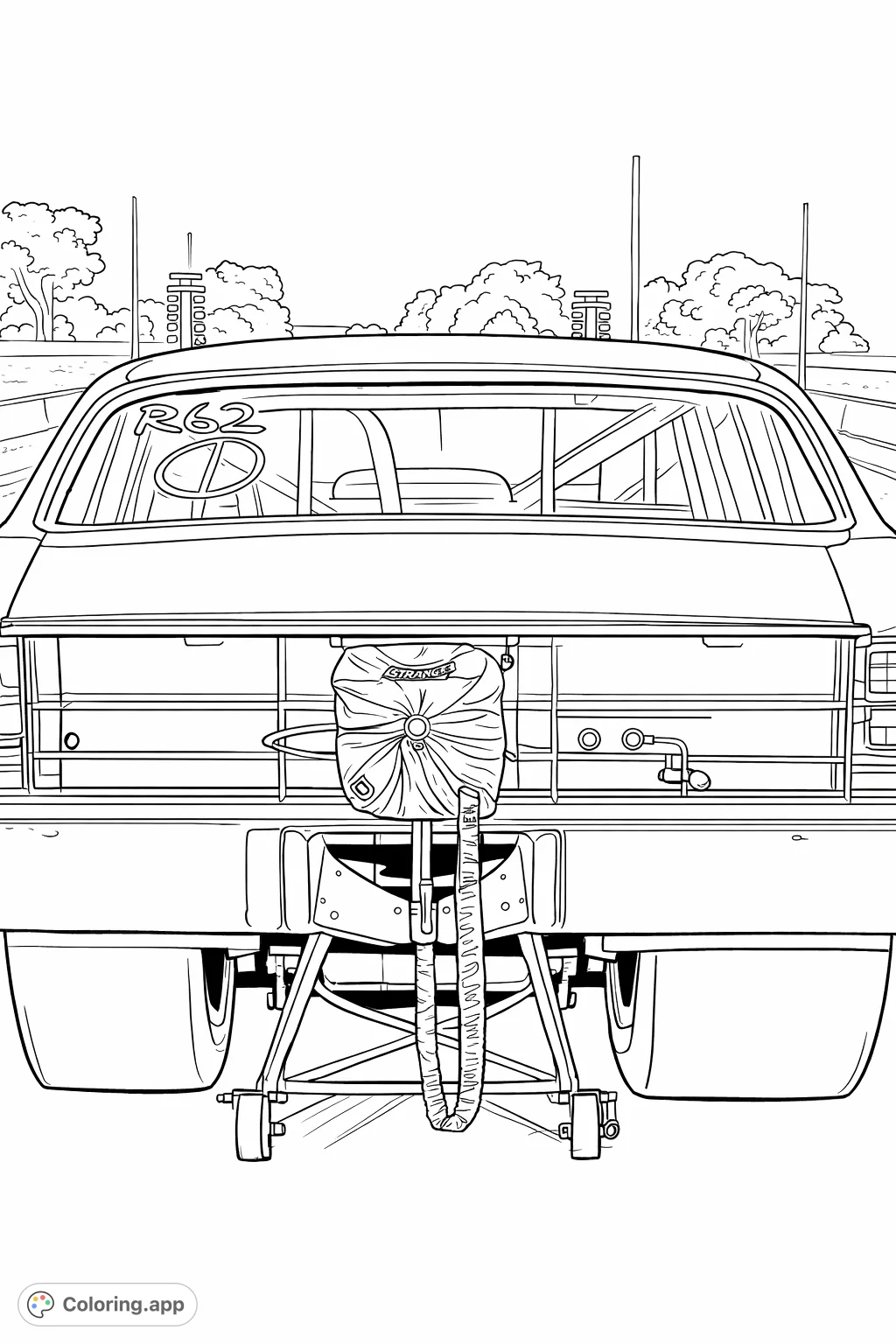 Capture the power of a classic drag race car from the rear, complete with a parachute, wide tires, and racing number. Perfect for car enthusiasts!