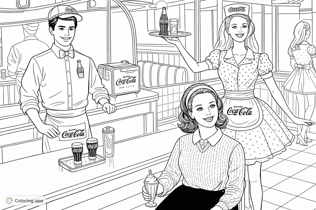 Step back in time to a vibrant 50s diner. This coloring page features a retro scene with doll-like figures, capturing the nostalgic charm of classic American diners.