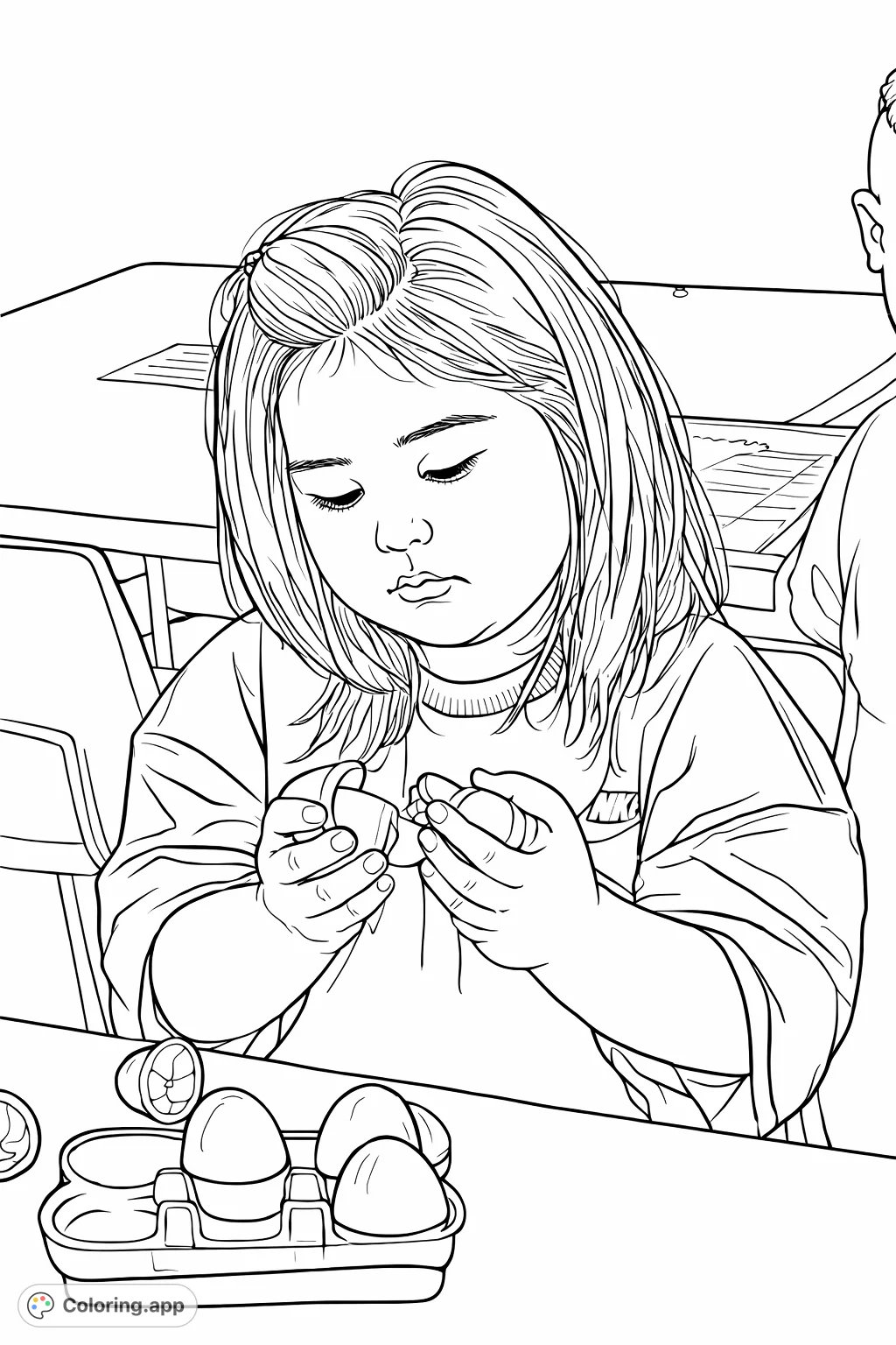 Engaging coloring page featuring a child focused on assembling egg-shaped toys, perfect for fostering creativity and fine motor skills. Fun for all ages!