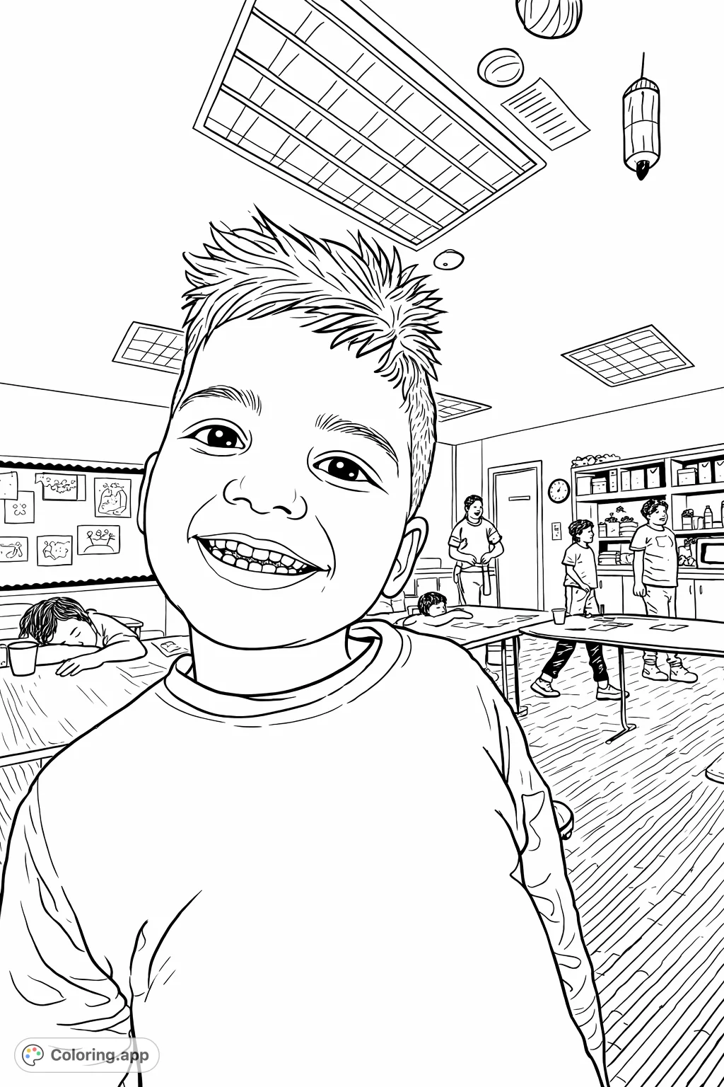Capture a cheerful classroom scene with a smiling boy in the foreground and classmates interacting around tables. A delightful moment ready for your artistic touch.