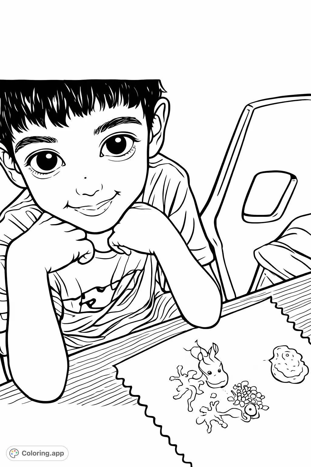 A delightful scene featuring a happy child enjoying a sweet treat, surrounded by whimsical dessert decorations. Perfect for joyful coloring moments.