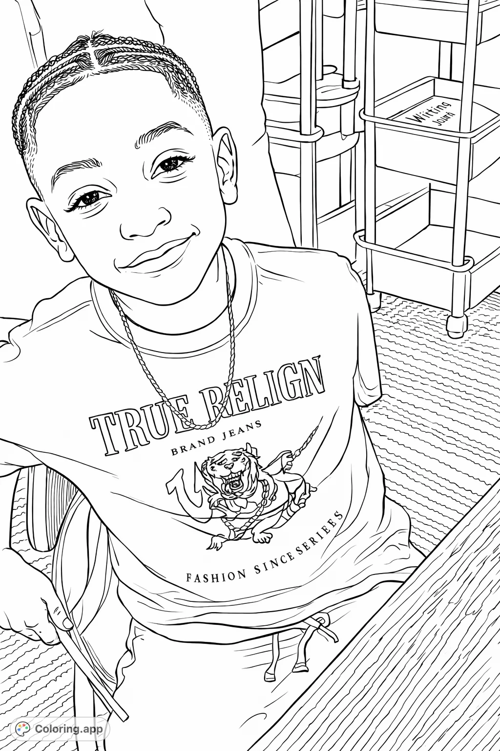 A cheerful boy with braided hair and a graphic t-shirt smiles, ready for color. This engaging portrait offers a fun and personalized coloring experience.
