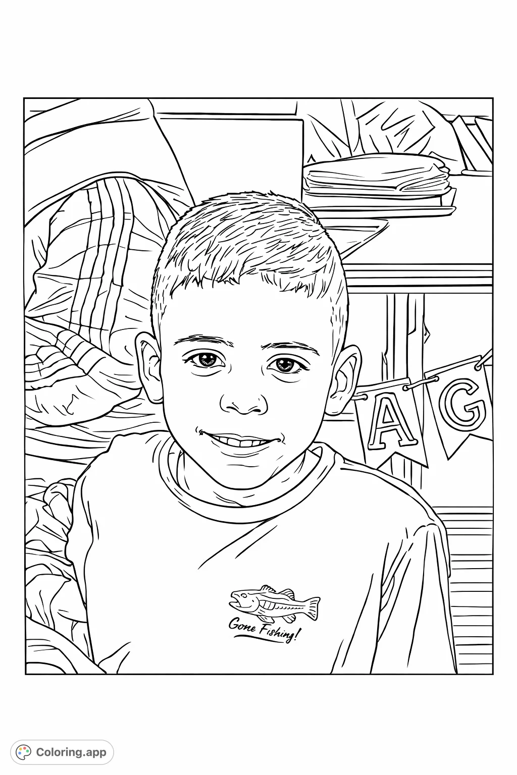 Capture the playful spirit of a young boy with a fishing shirt, ready for adventure. A fun and engaging portrait for aspiring anglers to color.