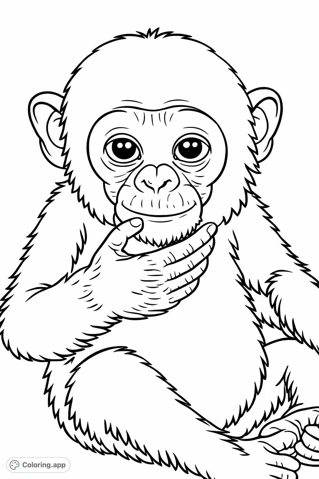Capture the innocence of a baby chimpanzee in this adorable, cartoony coloring page. Perfect for young artists to explore creativity with simple shapes.