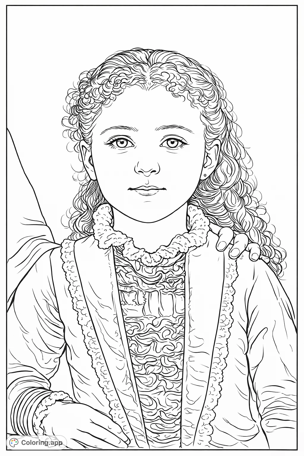 A charming portrait of a young girl in an ornate dress with delicate lace and intricate ruffles. Perfect for historical and character-focused coloring.