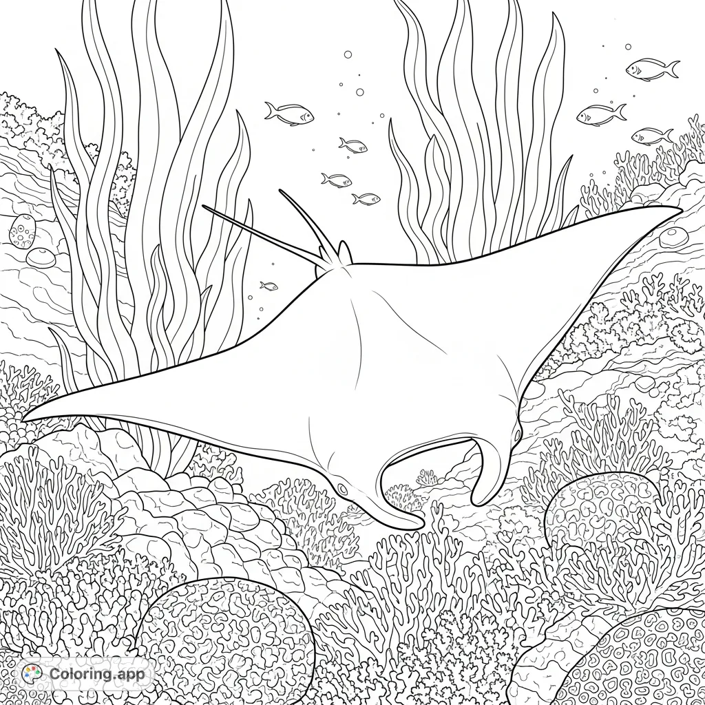 A majestic manta ray swims through a vibrant coral reef, surrounded by swaying seaweed and small fish. An engaging free printable ocean animals coloring page.