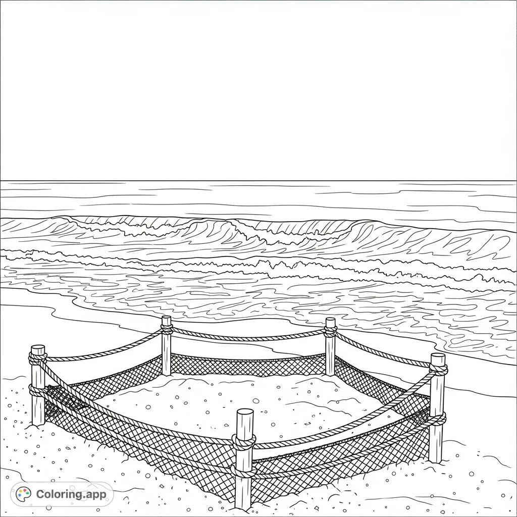 A tranquil beach scene featuring protected nest areas marked by ropes and posts on the sandy shore, with gentle ocean waves approaching. A serene coastal view for coloring.