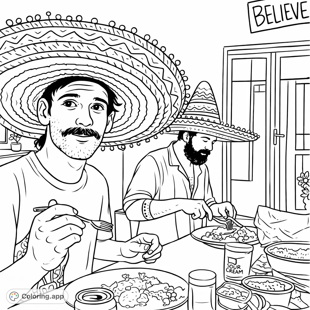 Join a fun, cartoony feast with two friends in sombreros enjoying a meal. This festive scene is perfect for a cheerful coloring page adventure!