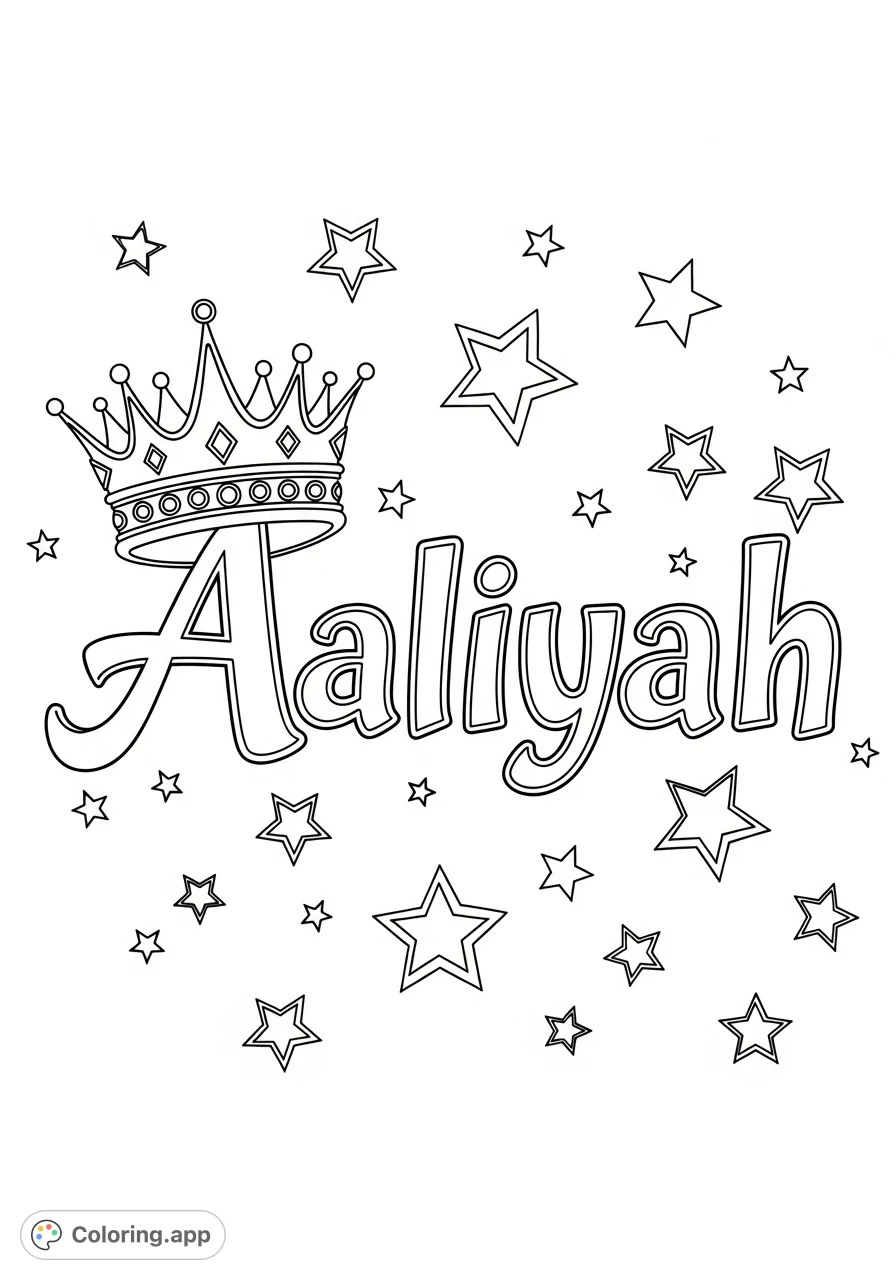 Discover a personalized Aaliyah coloring page featuring elegant script, a regal crown, and whimsical stars. Perfect for creative expression and unique gifts!