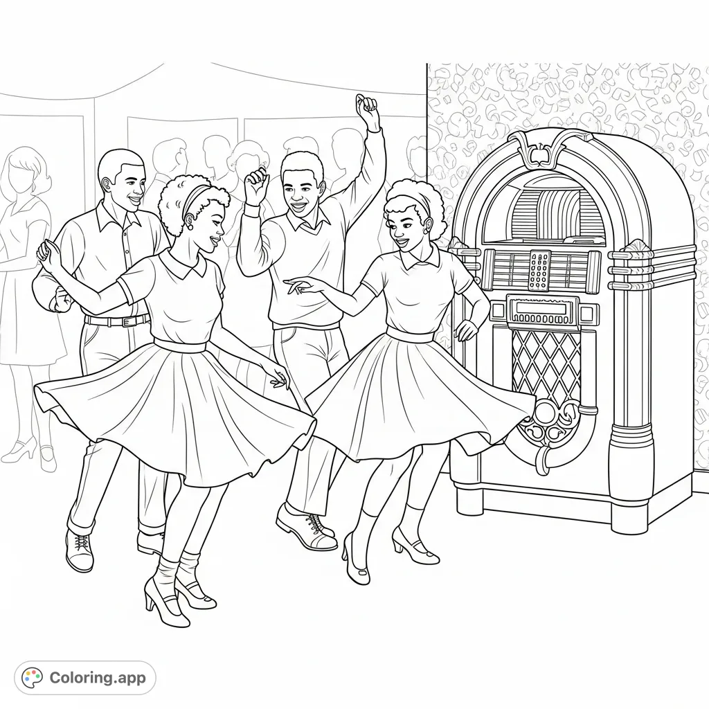 Dive into a vibrant retro sock hop scene! African American teens in poodle skirts dance near a classic jukebox. A nostalgic, free printable coloring page.