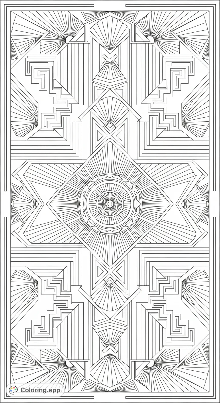 An exquisite Art Deco pattern coloring page featuring symmetrical geometric shapes, ziggurat motifs, and sunbursts, perfect for design enthusiasts.