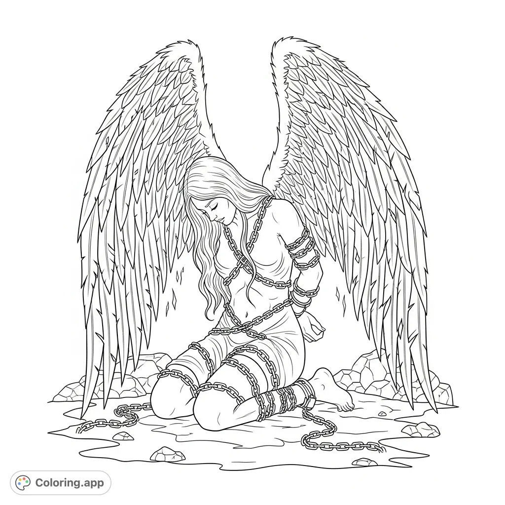 A detailed coloring page depicting a fallen angel in an intricate bondage arrangement. Her tattered wings and restrained posture create a dramatic and poignant scene.