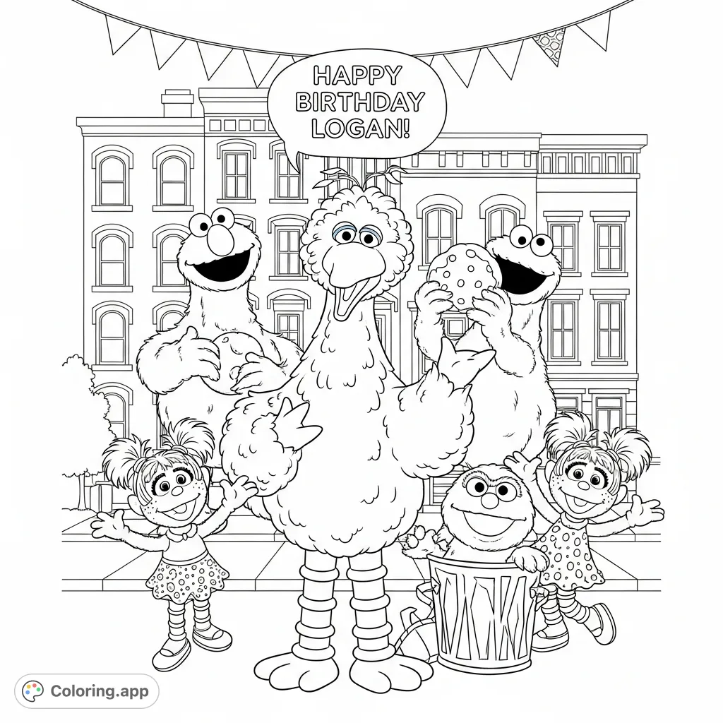 Big Bird, Elmo, Oscar, Cookie Monster, Abby Caddaby wish Logan a Happy Birthday on this cheerful Sesame Street coloring page.
