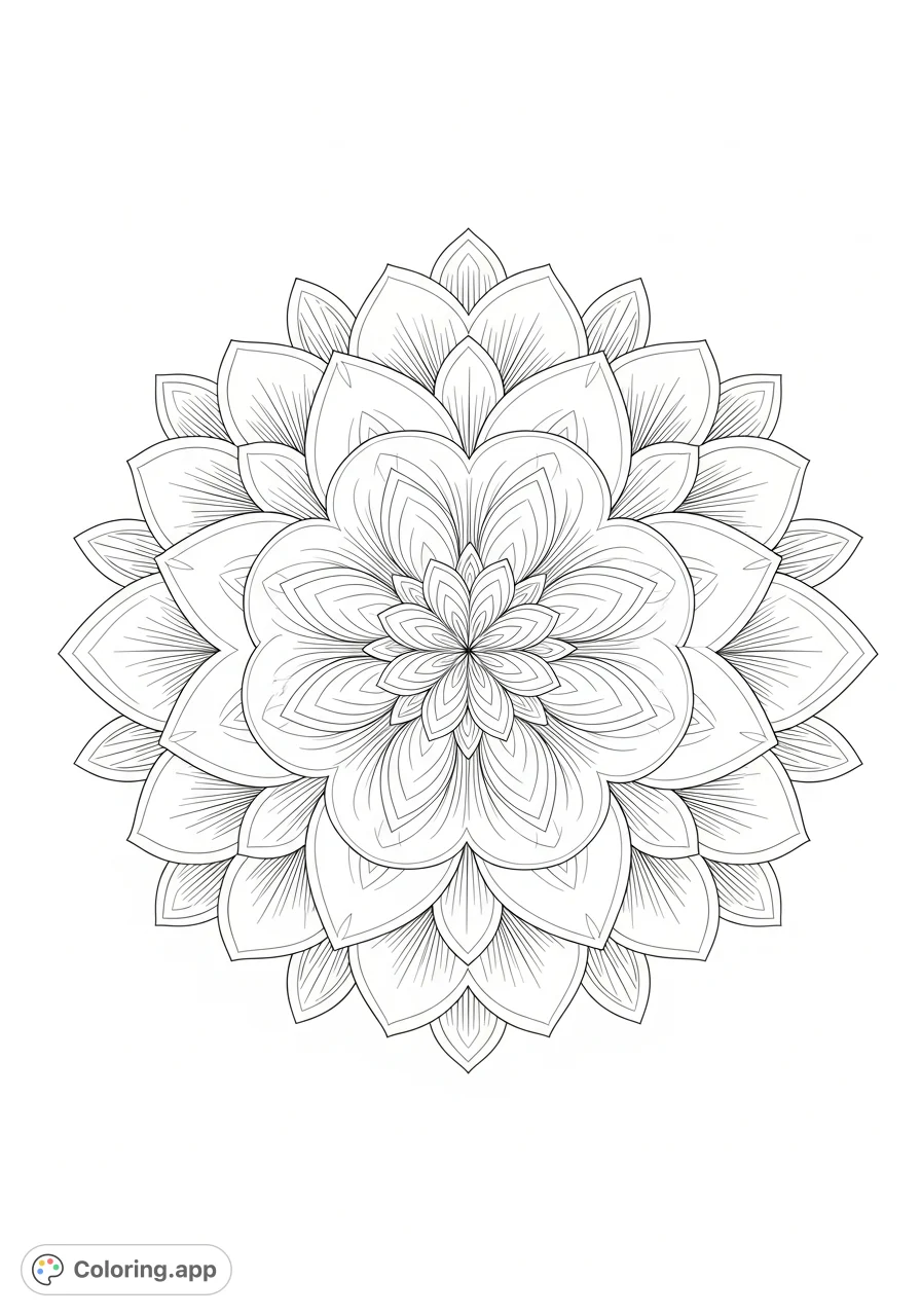 Unleash your creativity with this intricate floral mandala coloring page, boasting detailed botanical symmetry and layered petals for a meditative experience.