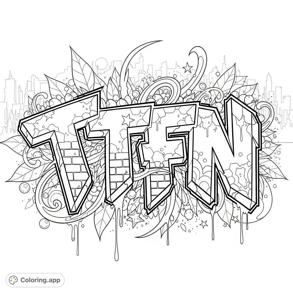 An intricate graffiti-style coloring page featuring the dynamic "TTFN" lettering with swirling lines, urban patterns, and city backdrop. Perfect for art enthusiasts!