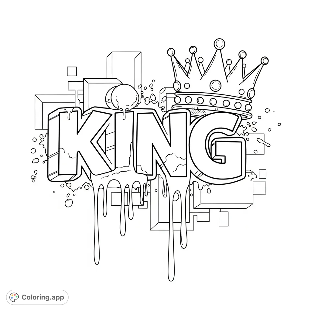 Experience a bold KING graffiti coloring page featuring a 3D font, a detailed crown, and dynamic urban background with drips and abstract shapes.