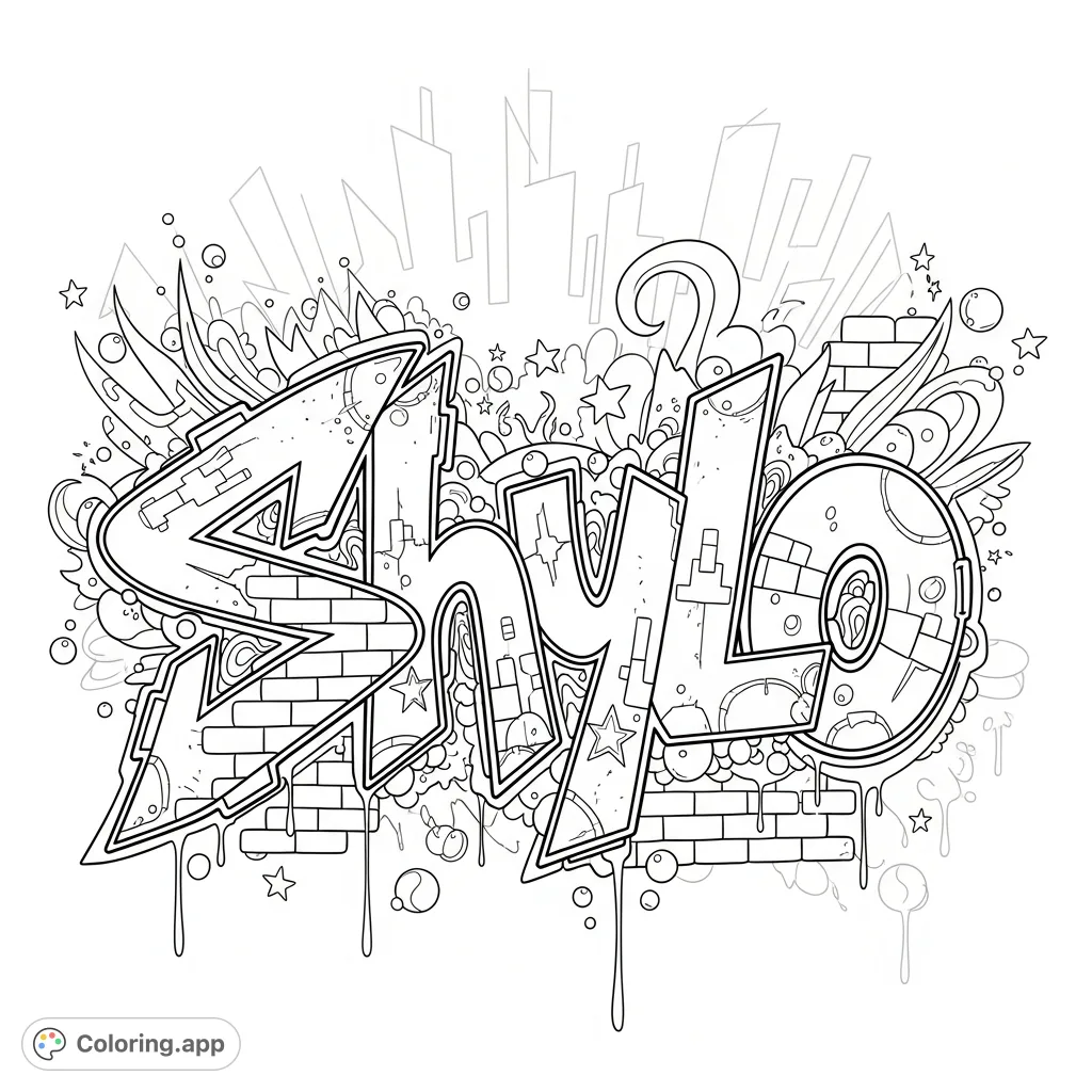 Unleash your creativity with this bold 'Shylo' graffiti coloring page! Features dynamic letters, urban textures, abstract shapes, and street art elements.