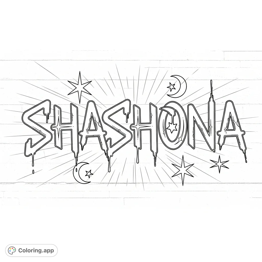 A dynamic 'Shashona' graffiti coloring page with intricate lettering and urban wall texture. Express your creativity with personalized street art!