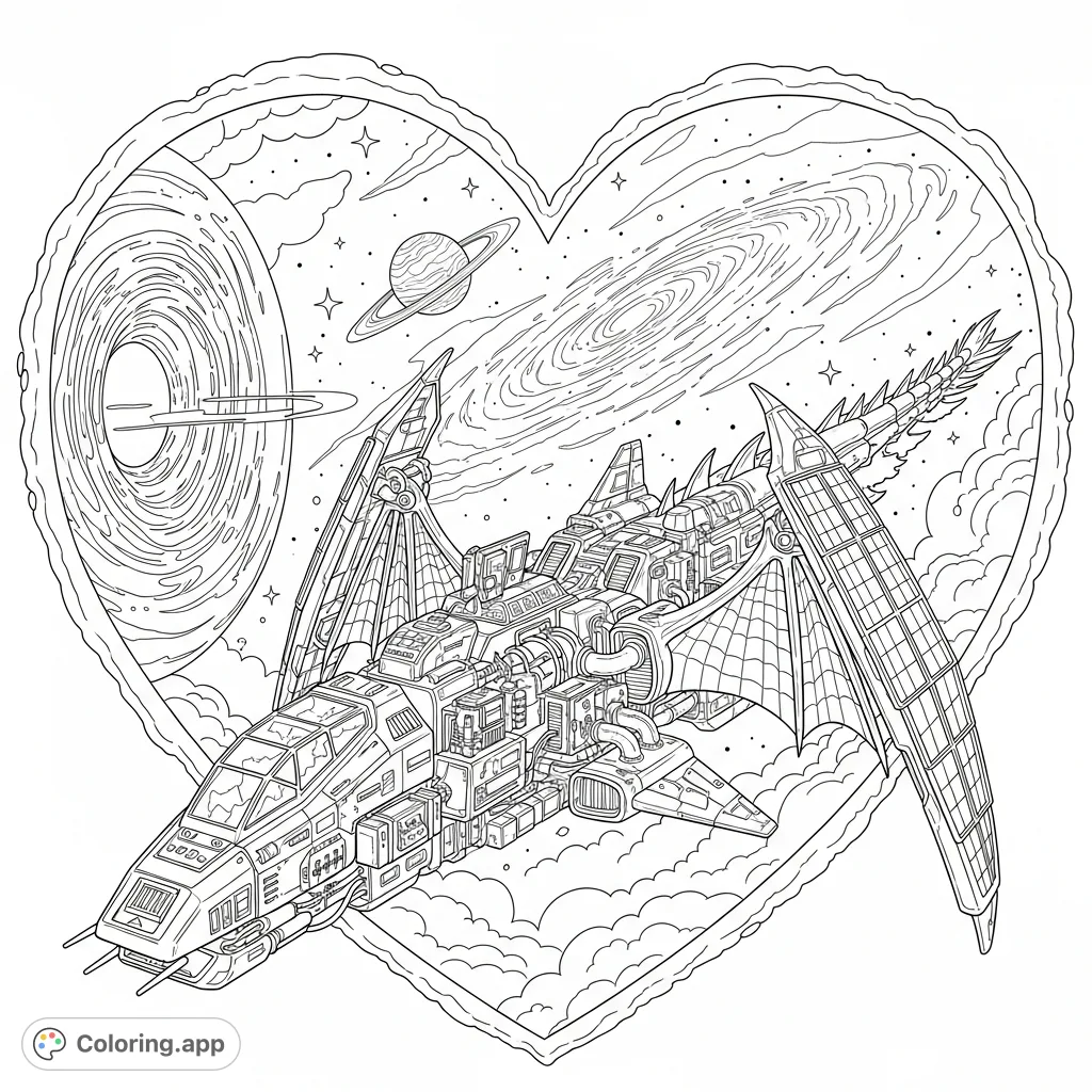 A powerful dragon-themed spaceship emerges from a cosmic vortex against a stunning galaxy backdrop with a ringed planet, all framed within a heart shape.