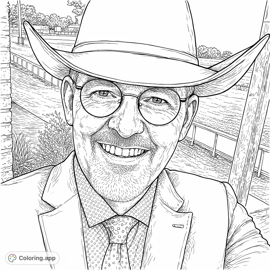 A highly detailed coloring page featuring a smiling man in a cowboy hat and spectacles, ready for personal artistic touches. Perfect for realistic portrait enthusiasts.