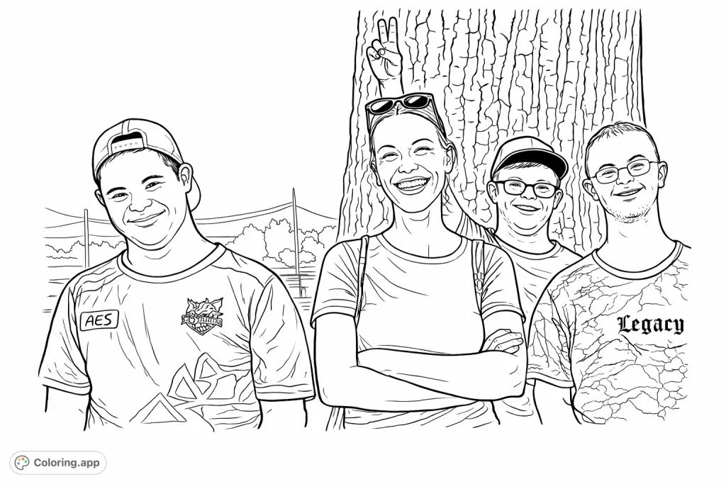 A heartwarming group of smiling friends captured in a happy outdoor moment, featuring unique facial expressions and clothing details against a textured tree backdrop.
